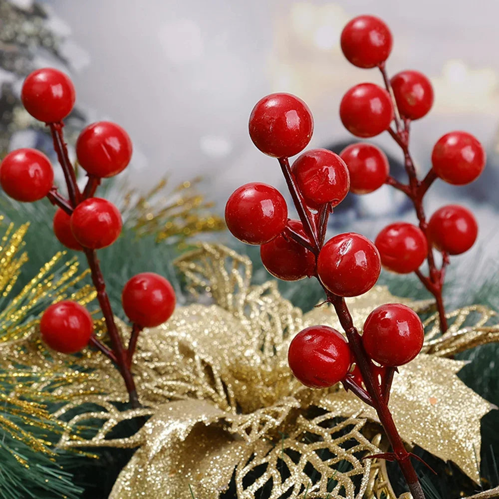 Red/Gold/Silver Artificial Berries Branch Cherry Stamen Christmas DIY  Wreath Ornament